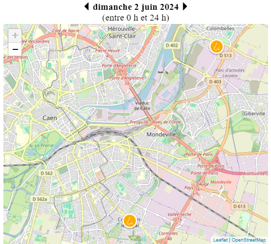 Carte des signalements d'odeurs dans le secteur de Caen (14) le 2 juin 2024 (copyright Atmo Normandie)
