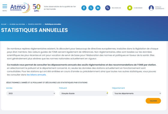 Capture d'écran de la page de datavisualisation des statistiques annuelles des données de mesure de la qualité de l'air en Normandie (copyright Atmo Normandie)