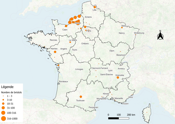 Cartographie de la provenance des bristols collectés lors de "La Minute internationale des odeurs" en 2024 à l'échelle de la France métropolitaine - Copyright : Atmo Normandie