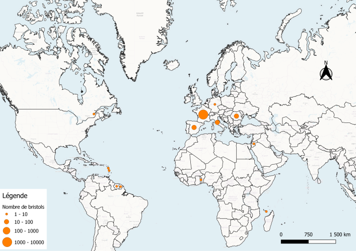 Cartographie de la provenance des bristols collectés lors de "La Minute internationale des odeurs" en 2024 à l'échelle mondiale - Copyright : Atmo Normandie